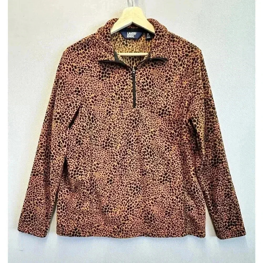 Lands End Women's Fleece 1/4 Zip Cheetah Print Pullover Jacket Size Medium‎